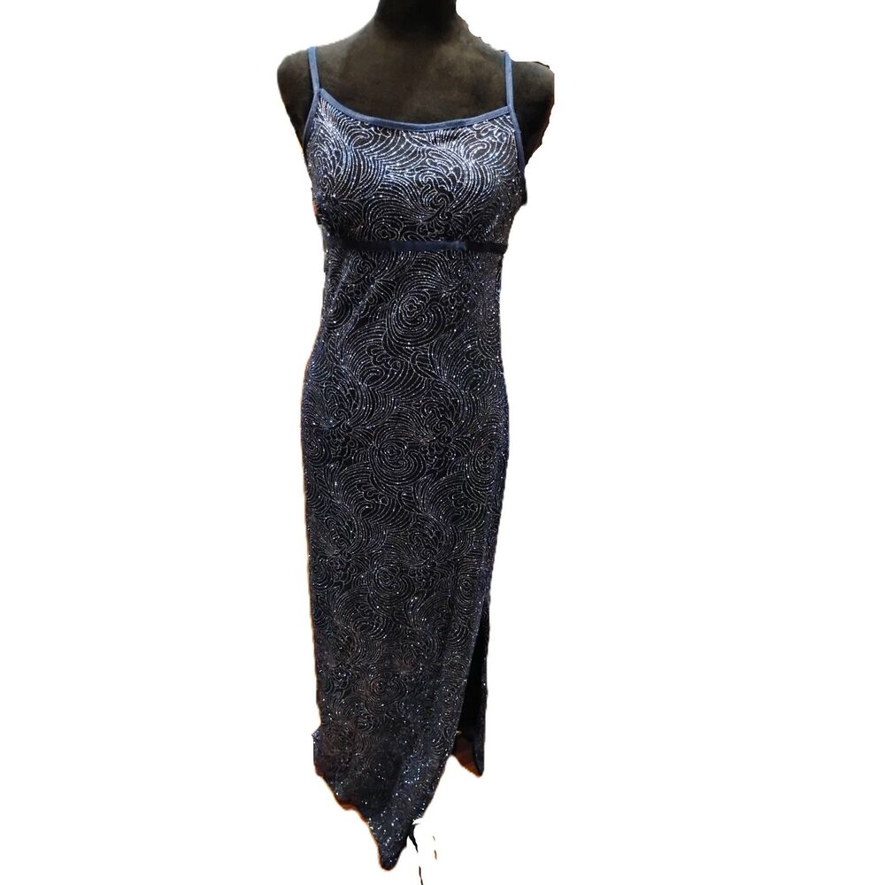 Taboo Women's Size Large Blue Glitter Y2K Bodycon Maxi Dress - Vintage